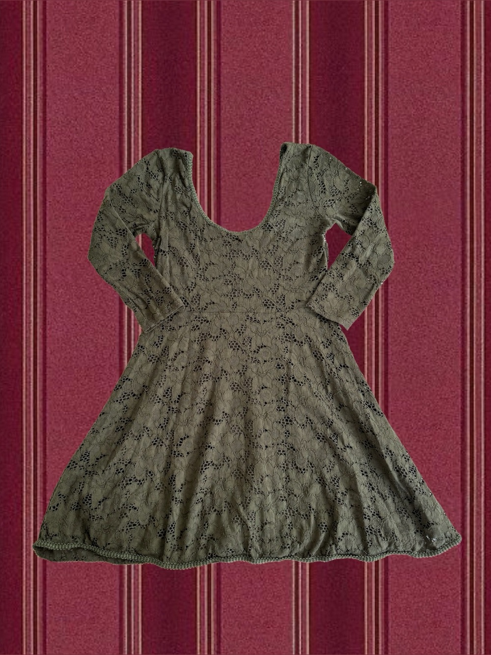 Free People Olive Green Lace Long Sleeve Fit-and-Flare Dress